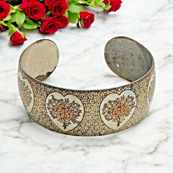 Reed & Barton Damascene Wide Cuff Bracelet – Floral Heart Design – Vintage Jewel - Picture 1 of 9
